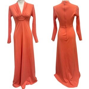 VTG 70s Coral Long Crochet Sleeve Maxi Dress Victorian Edwardian Revival Size XS